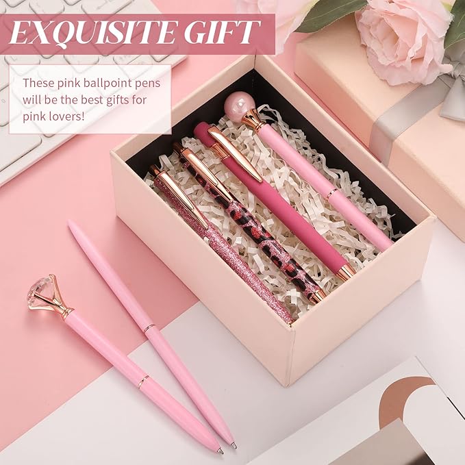 6 Pcs Ballpoint Pens Set Metal Crystal Diamond Pen for Journaling Glitter Pretty Cute Stationery Black Ink Fancy Gifts for Women Girls Teacher Office Wedding School Supplies(Pink Series)