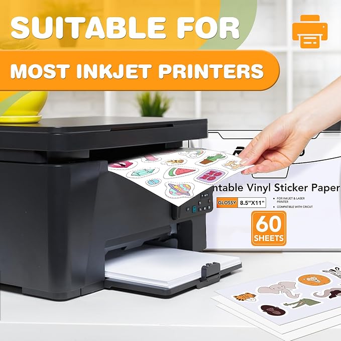 60 PCS Sticker Paper for Inkjet Printer,Printable Vinyl Sticker Paper Dries Quickly Vivid Colors,8.5"x11" Tear Resistant Printable Vinyl,Glossy White,Inkjet & Laser Printer
