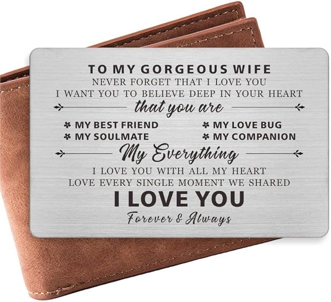 Resdink To My Gorgeous Wife Gifts, Engraved Wallet Cards for wife, Love Gifts for Wife, Anniversary Present Card for Wife Her, I Love You With All My Heart, Wife Gift from Husband