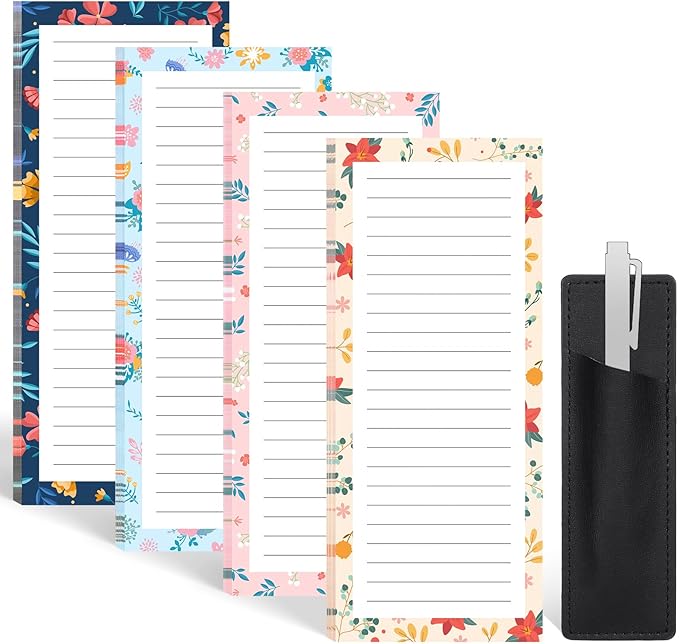 4 Pack Magnetic Note Pad for Fridge with Pen Holder, Totally 200 Sheets Magnetic To Do List, Shopping List, Grocery List, Memo Pads for Refrigerator(Flower Design)