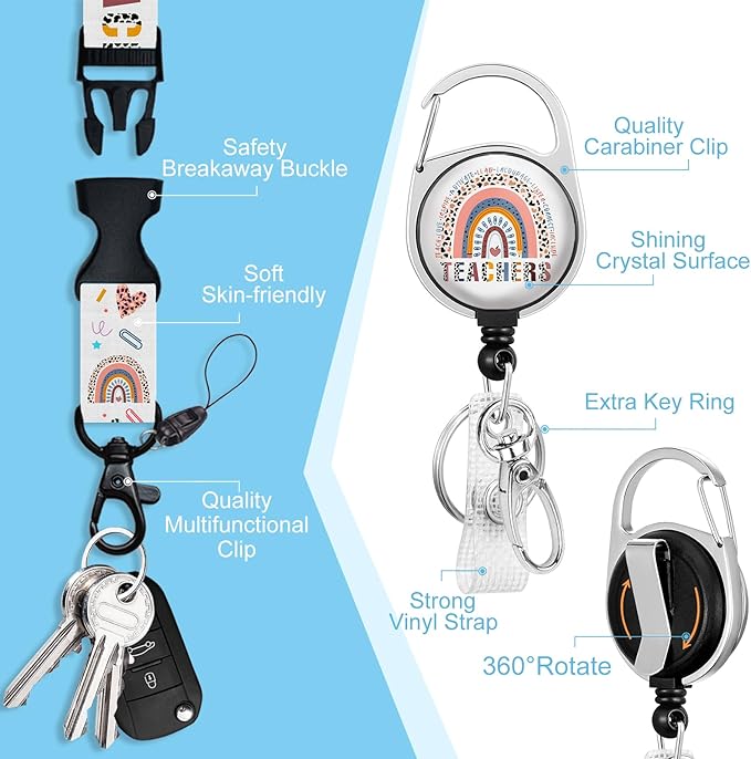 Teacher Lanyards for Id Badges, Rainbow Teachers Badge Holder with Retractable Reel Clip, Adjustable Breakaway Name Tag Lanyard Vertical ID Card Protector Case for Nurse Nursing Doctor Student