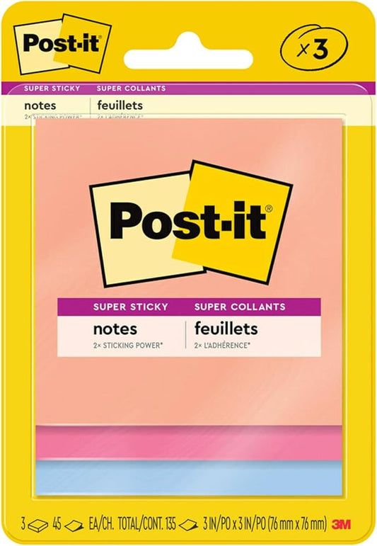 Post-it Super Sticky Notes, 3 Sticky Note Pads, 3 x 3 in., School Supplies, Office Products, Sticky Notes for Vertical Surfaces, Monitors, Walls and Windows, Summer Joy Collection