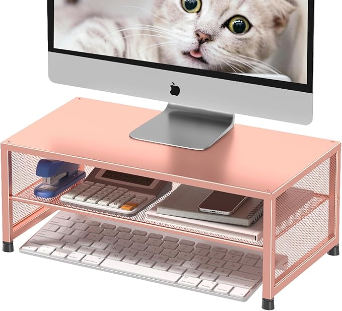 2-Tier Computer Monitor Stand Riser, Desk Organizer for Monitor, Printer & Laptop Stand, Desktop Workspace Organizers for Office Supplies(Rose Gold)