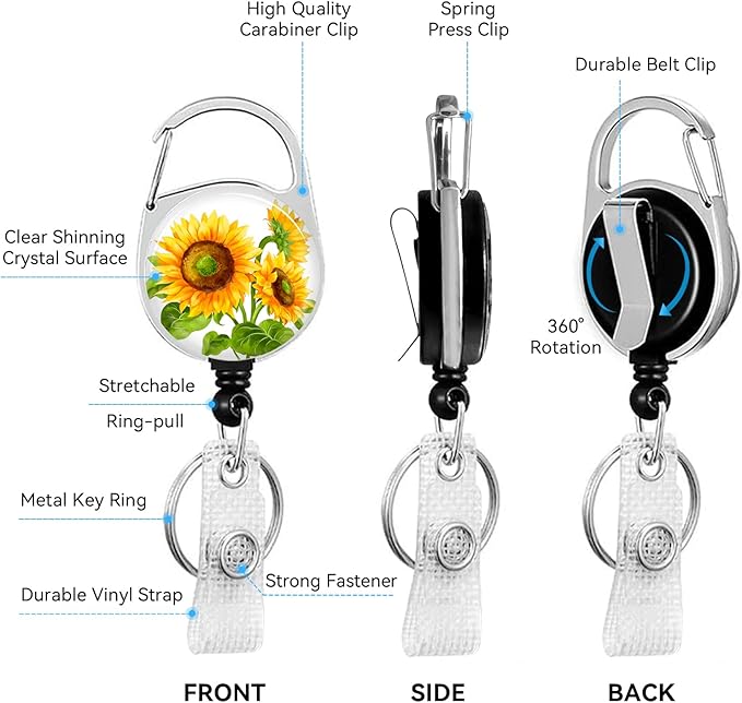 Sunflower Badge Holder with Retractable Reel and Breakaway Lanyard,Badge Clips Retractable Heavy Duty Badge Reel,Funny Keychain,ID Holder with Breakaway Lanyard for School Nurse Office Teen