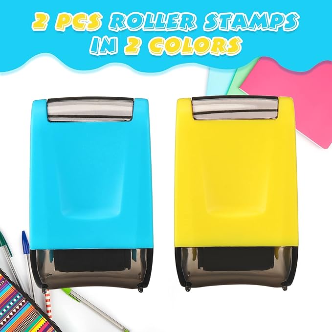 Sherr 2 Handwriting Line Stamp Roller Dashed Handwriting Lines Practice Roller Stamp for Kids, Teachers Kindergarten Education Classroom Back to School Need(2.72 x 2.44 x 1.54 Inch,Yellow, Blue)