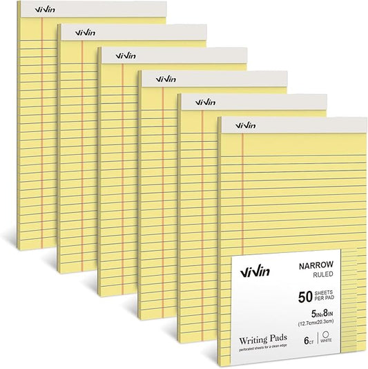 ViVin 5 x 8 Inch Legal Pads, 6 Pack, Narrow Ruled, 50 Sheets Per Writing Pad, Perforated Note Pads Ideal for Home, Office, Business, 300 Sheets (6 Pack of 50), Canary Yellow Paper