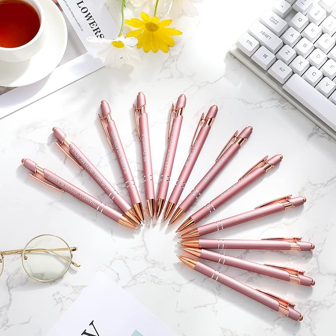 Zonon 12 Pieces Inspirational Pens Bulk Easter Basket Stuffers Motivational Quotes Ballpoint Pens with Stylus Tip Inspirational Gifts for School Office Teachers(Rose Gold,Bible Style)