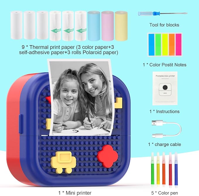 Mini Sticker Printer Building Block Bluetooth Smart Pocket Inkless Thermal Printer with 10 Rolls Paper,Colored Pen&Sticker for iOS&Android,Portable Receipt Printer for Photo Journal Notes Memo