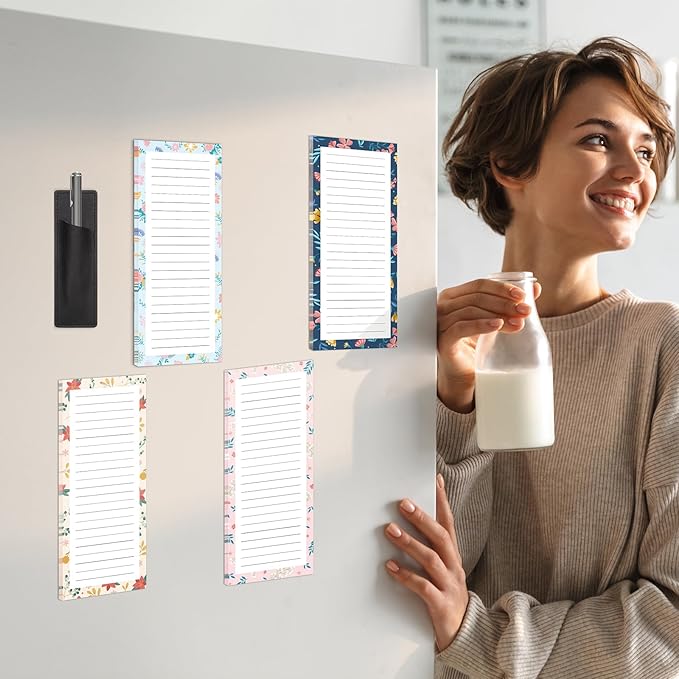 4 Pack Magnetic Note Pad for Fridge with Pen Holder, Totally 200 Sheets Magnetic To Do List, Shopping List, Grocery List, Memo Pads for Refrigerator(Flower Design)
