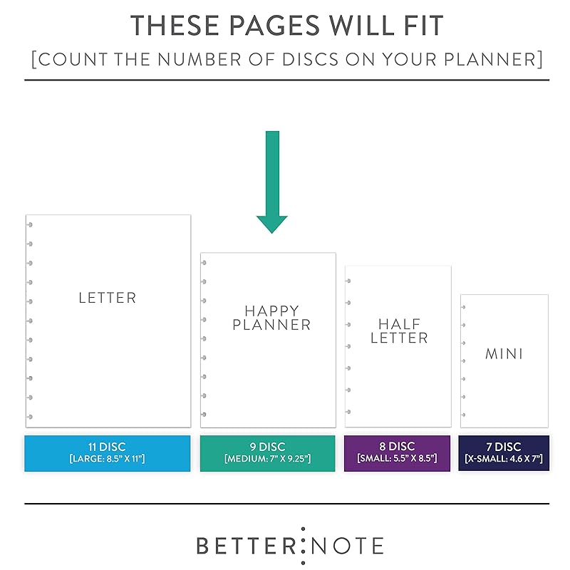 BetterNote Horizontal Undated Calendar Refill Pages for Disc Notebook, fits The Happy Planner, Discbound Levenger Circa, Staples Arc, TUL (Whimsy- 6 months, 9-Disc, 7"x9.25")