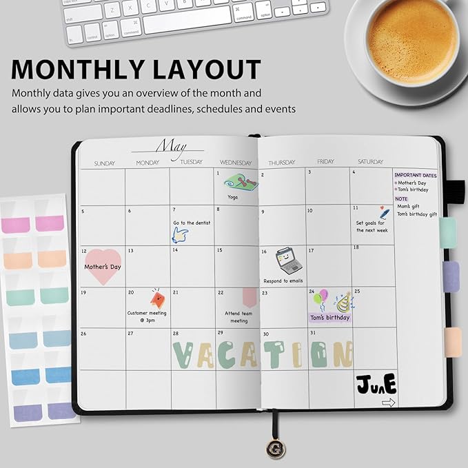 Undated Weekly and Monthly Planner, Cofullsky Weekly To Do List Planner Notebook with Unique Lettering Ribbon A5 Size Personalized Present Suitable for Women Men Teachers Kids (Letter J)