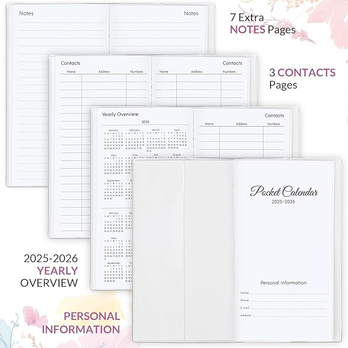 Pocket Calendar 2025-2026, Floral Monthly Planner 2025-2026 - 3.7" x 6.7" - Runs from January 2025 Until December 2026, Pocket Calendar 2025 with PVC Cover for Organizing & Planning