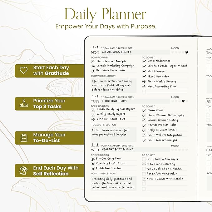 2025 Planner, Daily Journal & Gratitude Journal All-In-One with To Do List, Self Care Prompts & Habit Tracker - 7 x 10 - Green