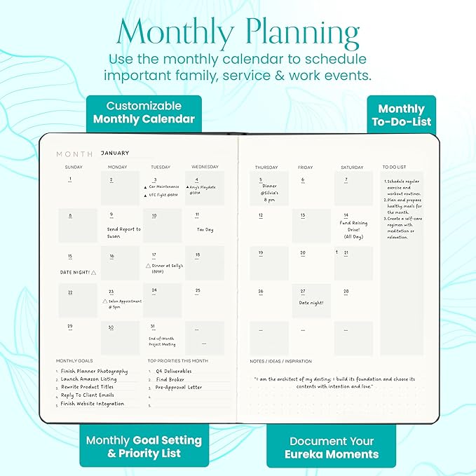 2025 Planner, Daily Journal & Gratitude Journal All-In-One with To Do List, Self Care Prompts & Habit Tracker - 5.8 x 8.3 - Teal