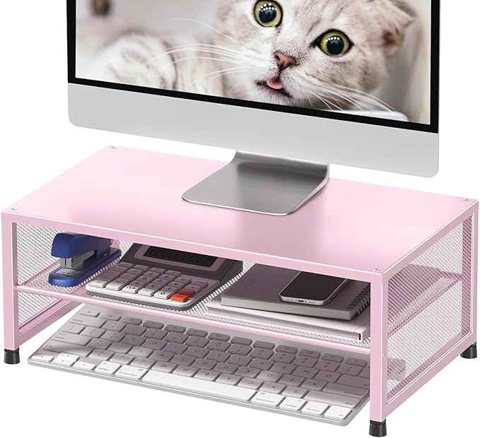 2-Tier Computer Monitor Stand Riser, Desk Organizer for Monitor, Printer & Laptop Stand, Desktop Workspace Organizers for Office Supplies(Pink)