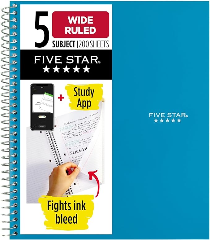 Five Star Spiral Notebook + Study App, 5 Subject, Wide Ruled Paper, Fights Ink Bleed, Water Resistant Cover, 8" x 10-1/2", 200 Sheets, Tidewater Blue (73196)