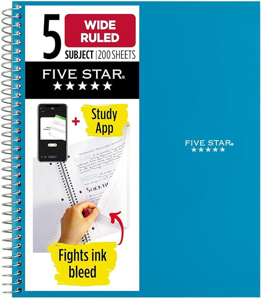 Five Star Spiral Notebook + Study App, 5 Subject, Wide Ruled Paper, Fights Ink Bleed, Water Resistant Cover, 8" x 10-1/2", 200 Sheets, Tidewater Blue (73196)