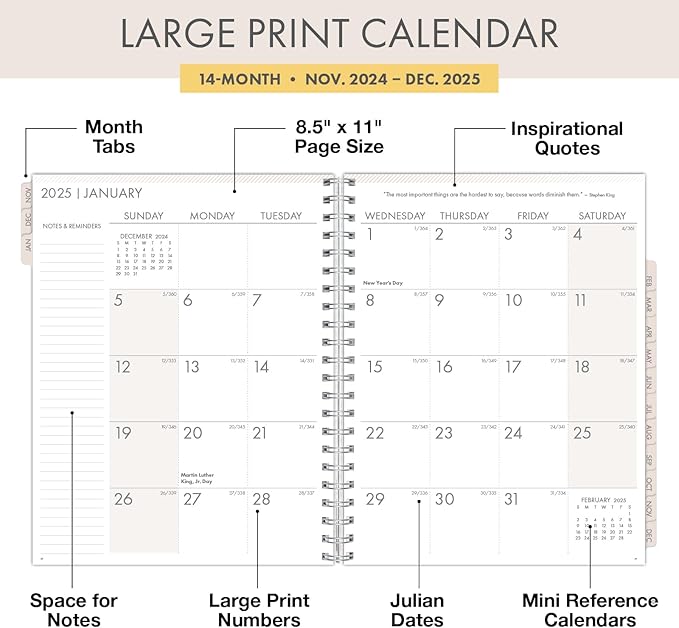 Essential PRO 2025 Daily, Weekly & Monthly Planner, 8.5"x11": 14 Months (Nov 2024 - Dec 2025) Monthly Tabs,Daily Tracking,Notes Pages,Storage Pocket,Bookmark w Sticky Notes (Pastel Peacock)