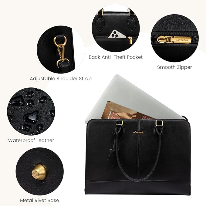LOVEVOOK Laptop Bag for Women, Work Tote Bags 15.6 inch Computer Bags for Laptops for Women Purse, Large Vintage PU Leather Waterproof Business Office Briefcase, Black