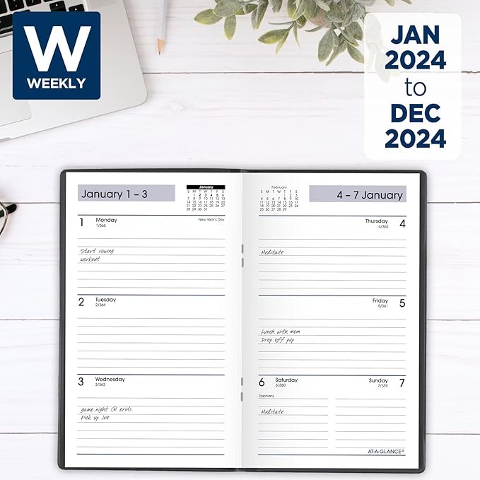 AT-A-GLANCE 2024 Weekly Pocket Planner, DayMinder, Open Scheduling, 3-1/2" x 6", Pocket Size, Black (SK480024)