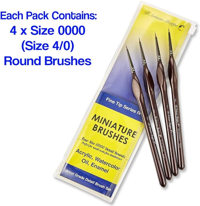 Micro Paint Brush Detail Set - Ultra Fine Tip Thin Paintbrush 4pc Round Size 0000 (4/0) for Tiny Miniature Painting. Model Mini Artist Brushes for Acrylic, Watercolor, Oil, Paint by Numbers Painting