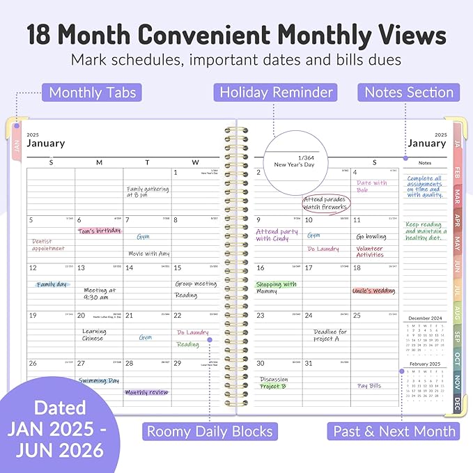 Forvencer Daily Planner 2025-2026, 18 Month Academic Planner, 8.5" x 11", Weekly and Monthly Planner, Jan 2025 - Jun 2026, Hardcover Day Planner, Spiral Agenda Book with Colorful Tabs, Office Home School Supplies, A4, , Classic Black