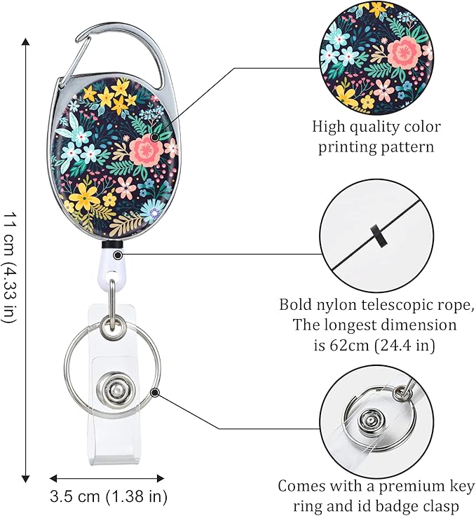 Badge Reels Retractable,Double Sided Color Print Pattern Retractable Badge Holders,with Retractable Keychain, Badge Clip and Key Ring,Durable Nylon Retractable Rope,Flower on Black