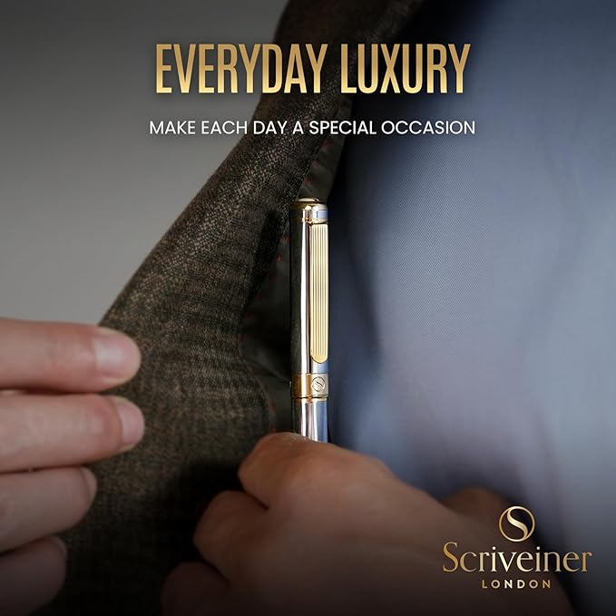 Scriveiner Personalized Silver Chrome Ballpoint Pen - Stunning Luxury Pen, 24K Gold Finish, Schmidt Ink Refill, Best Engraved Ball Point Gift Set for Men & Women, Custom Name Engraving