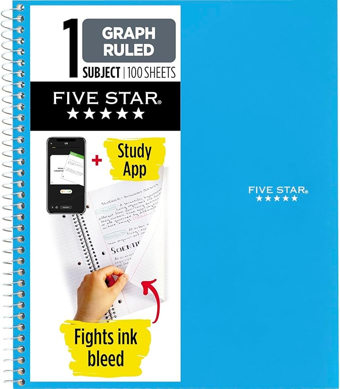 Five Star Spiral Notebook + Study App, 1 Subject, Graph Ruled Paper, Fights Ink Bleed, Water Resistant Cover, 8-1/2" x 11", 100 Sheets, Tidewater Blue (06190AA4)