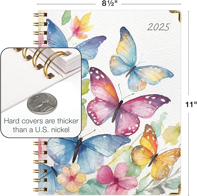 HARDCOVER 2025 Planner, 8.5"x11": 14 Months (November 2024 - December 2025), Daily Weekly Monthly Planner, Yearly Agenda, Bookmark, Pocket Folder and Sticky Note Set (Watercolor Butterflies)