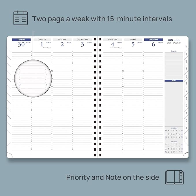POPRUN 2025 Weekly Planner Spiral Bound with Monthly Tabs 8.5" x 11", Quarter-Hourly Appointment Book with PU Leather Soft Cover, Dual Pockets, Gift Box, Sunday Start - Forest Green