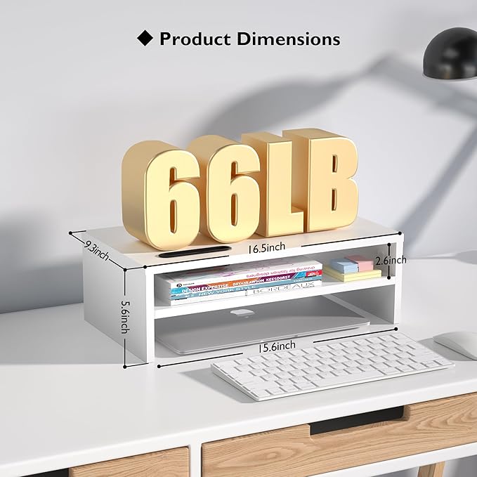 BONTEC Monitor Stand Riser White, 2 Tiers Wood Monitor Riser Stand with Storage Organizer, Desktop Ergonomic Monitor Stand Riser with Cellphone Holder and Cable Management, 16.5 Inch Desk Shelf