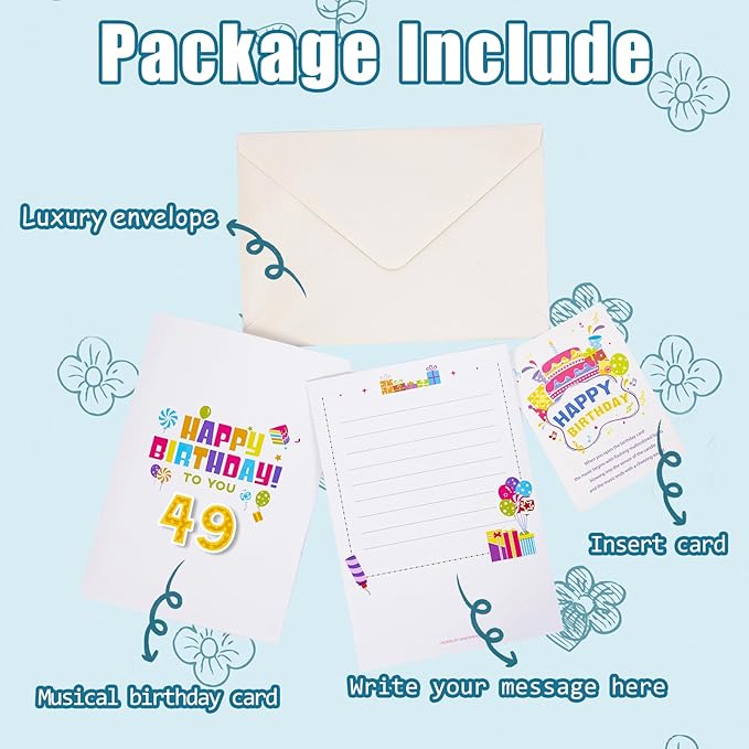 Gumry 49TH Musical Birthday PopUp Card, Blowable Colorful Light Candle 3D Cards with Song, Applause Cheers Sound, Greeting Cards Birthday Gifts Decorations for Women Men Turning 49 Years Old