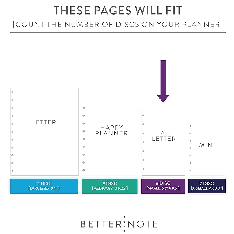 BetterNote Horizontal Undated Calendar Refill Pages for Disc Notebook, fits The Happy Planner, Discbound Levenger Circa, Staples Arc, TUL (Whimsy- 12 months, 8-Disc, 5.5"x8.5")