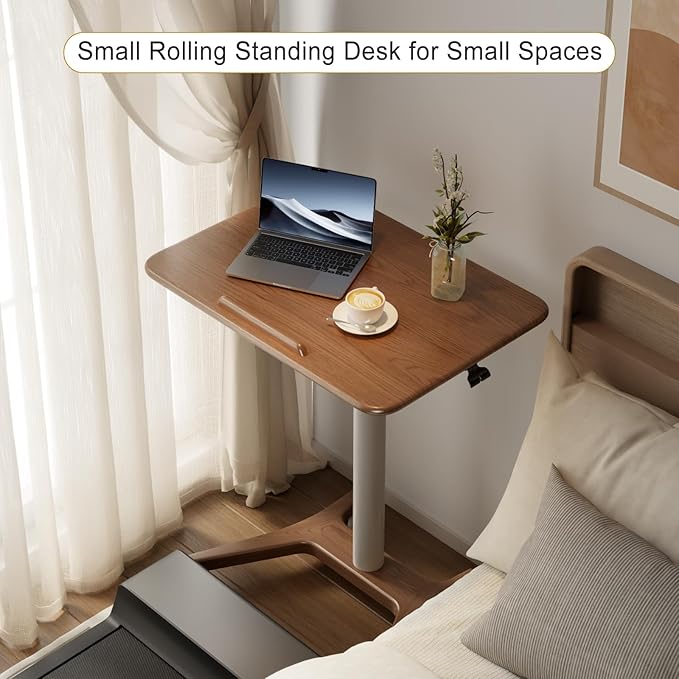 Rolling Standing Desk,Rolling Desk Adjustable Height with Wheels Rolling Desk for Home Office, Bedroom,Couch(Walnut)