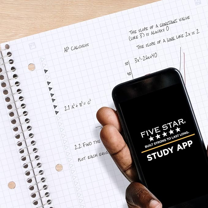 Five Star Spiral Notebook + Study App, 1 Subject, Graph Ruled Paper, Fights Ink Bleed, Water Resistant Cover, 8-1/2" x 11", 100 Sheets, Black (73679)