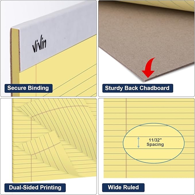 ViVin Legal Pads 8.5 x 11 Inch, Wide Ruled Note Pads, 6 Pack, 50 Sheet/Pad, Notepads for Office Home School, 300 Sheets, Perforated Writing Pads, Canary Yellow Paper