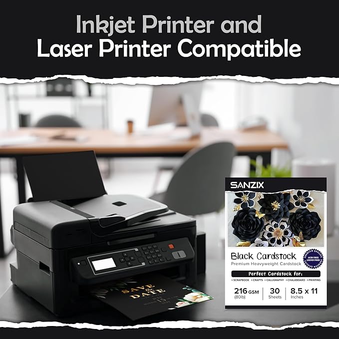 SANZIX 30 Sheets Black Cardstock Paper 8.5 x 11 80lb/216 GSM Heavyweight Printer Paper for DIY Cards, Scrapbook, Calligraphy & Crafts | Card Stock for Drawing, Invitations, Menus & Decorations