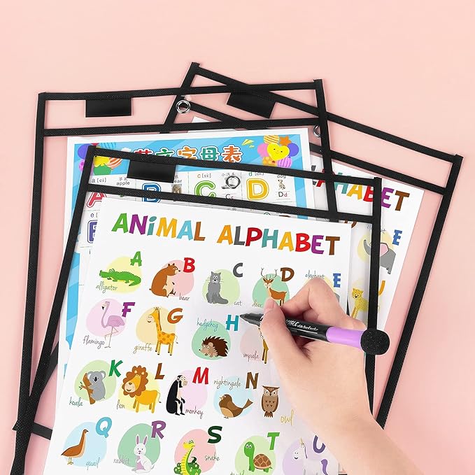 Tamaki 8 Pack Dry Erase Pockets Sleeves with Rings, 10 x 14 Inch Ticket Holders Clear Plastic Sleeves Sheet Protectors for Teacher Classroom Sleeves, Black