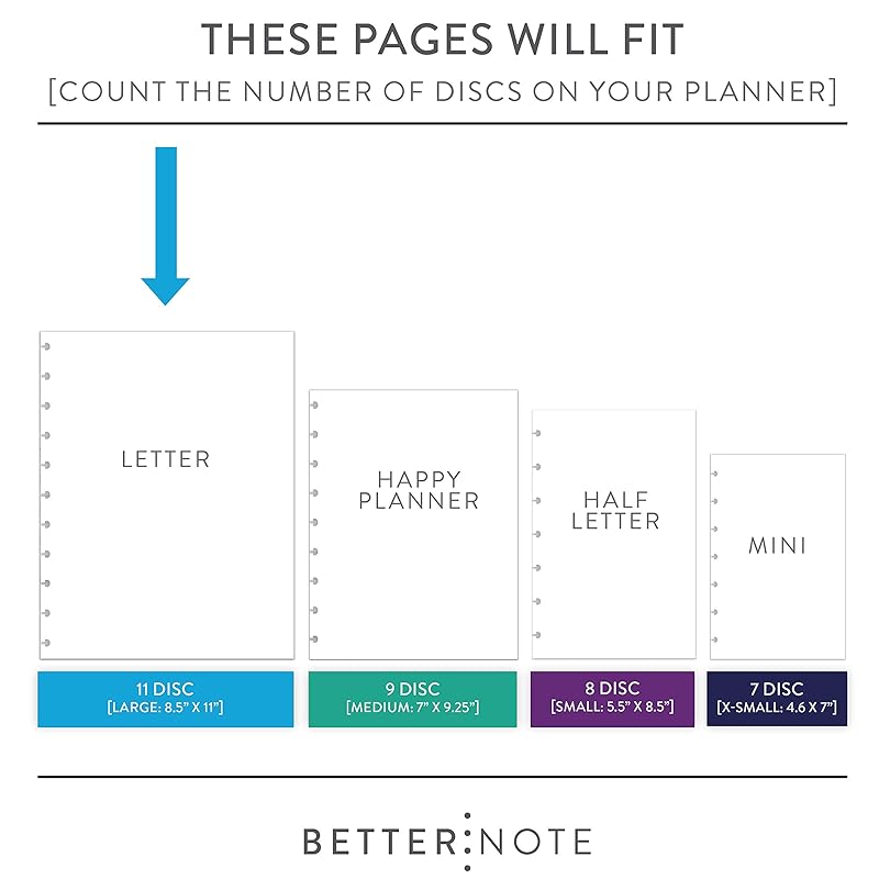 BetterNote Horizontal Undated Calendar Refill Pages for Disc Notebook, fits The Happy Planner, Discbound Levenger Circa, Staples Arc, TUL (Modern- 12 months, 11-Disc, 8.5"x11")