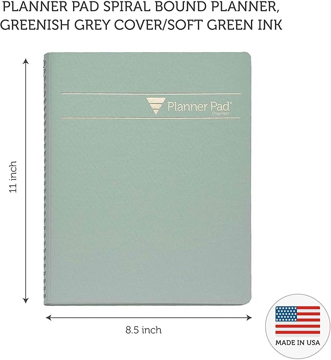 Planner Pad Spiral Bound 3-Tier Funnel Down 12 Month Organizer, Calendar Year (January - December 2024), Greenish Grey Cover/Soft Green Ink, 8 1/2" x 11"