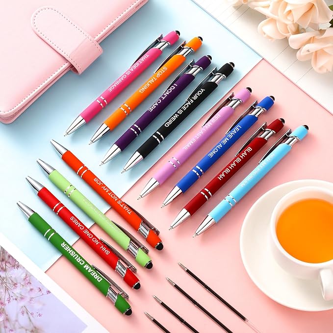 Zonon 12 Pieces Inspirational Pens Bulk Easter Basket Stuffers Motivational Quotes Ballpoint Pens with Stylus Tip Inspirational Gifts for School Office Teachers(Bright Colors,Negative Style)