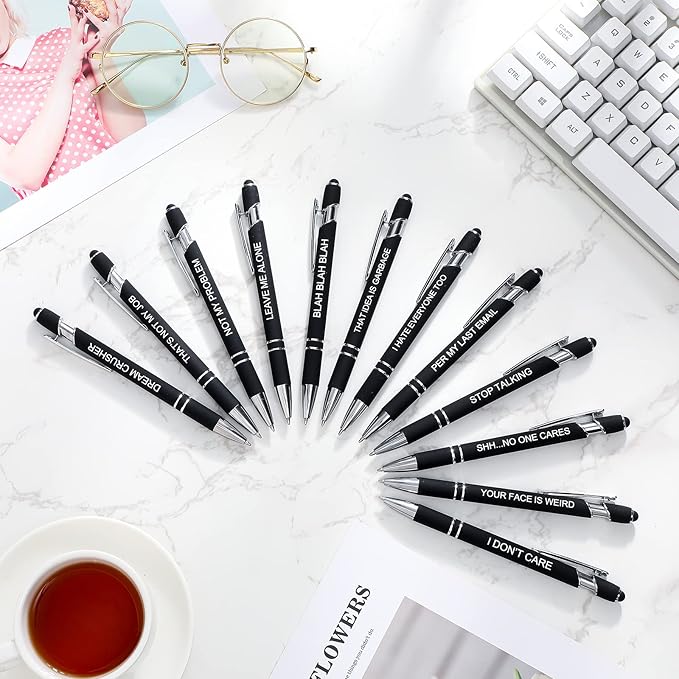 Zonon 12 Pieces Inspirational Pens Bulk Easter Basket Stuffers Motivational Quotes Ballpoint Pens with Stylus Tip Inspirational Gifts for School Office Teachers(Black,Negative Style)
