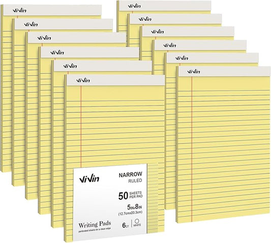 ViVin 5 x 8 Inch Legal Pads, 12 Pack, Narrow Ruled, 50 Sheets Per Writing Pad, Perforated Note Pads Ideal for Home, Office, Business, 600 Sheets (12 Pack of 50), Canary Yellow Paper