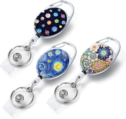 3 Pack Badge Reels Retractable,Double Sided Color Print Pattern Retractable Badge Holders,with Retractable Keychain, Badge Clip and Key Ring,Durable Nylon Retractable Rope