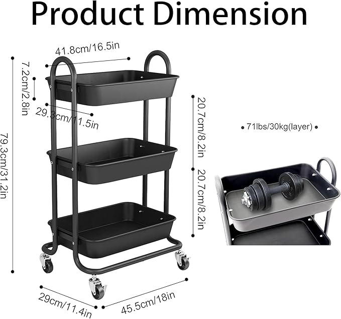 3-Tier Black Utility Rolling Cart,Kitchen Storage Carts with Wheels,Black Metal Rolling Cart for Office,Home,Kitchen,Garden๏ผ18"x11.4"x31.2"๏ผ