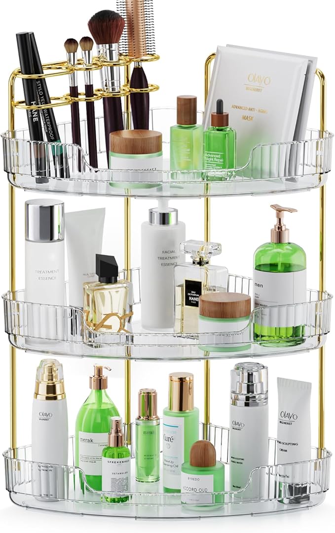 3-Tier Corner Bathroom Counter Organizer Makeup Cosmetic Storage, Tool-Free Installation Acrylic Vanity Shelf, Countertop Storage Organizers Perfume Tray for Bathroom, Dresser, Kitchen (Clear)