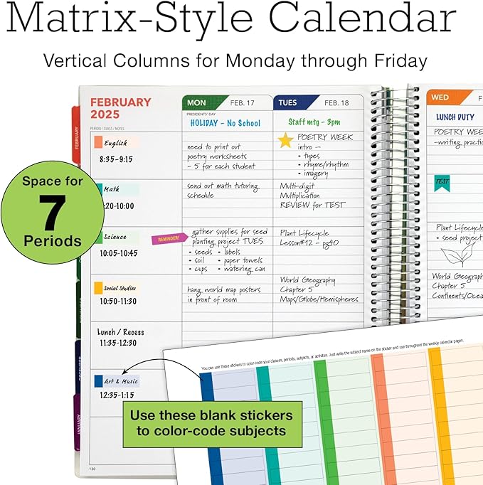 Aug 2024-Jul 2025 Deluxe Teacher Planner Notebook 8.5x11 Daily Weekly Monthly Organizers with 7 Periods, Pocket Folder, Dated Calendar, Page Tabs, Bookmark and Planning Stickers (Golden Desert)