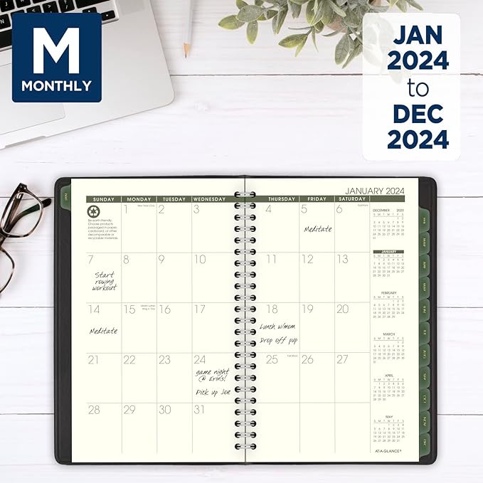 AT-A-GLANCE 2024 Weekly & Monthly Planner, Hourly Appointment Book, 5" x 8", Small, Recycled, Monthly Tabs, Black (70100G0524)