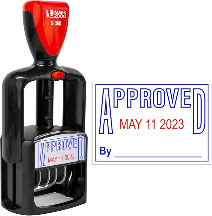 Self-Inking Rubber Date Office Stamp with Approved Phrase - Blue Ink & Date Red Ink - 12-Year Band